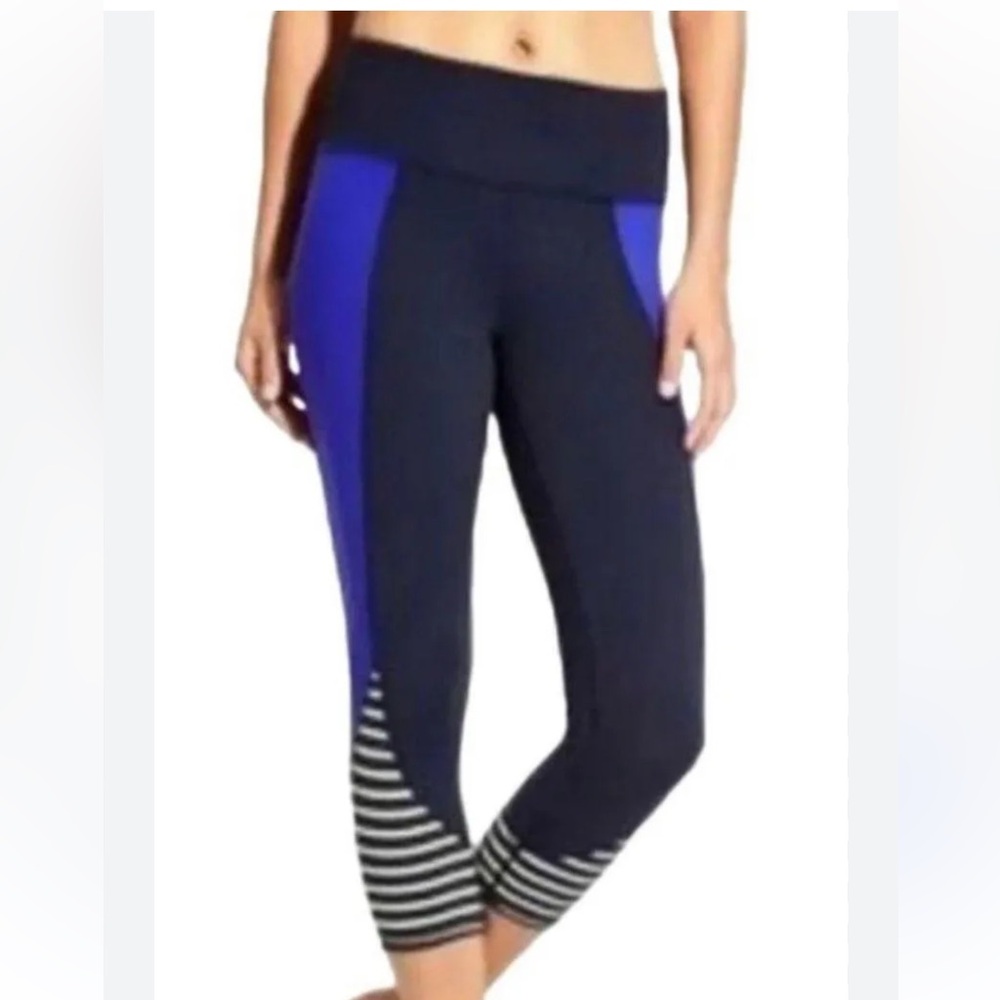 Athleta Leggings in Navy and Royal Blue with Stripes